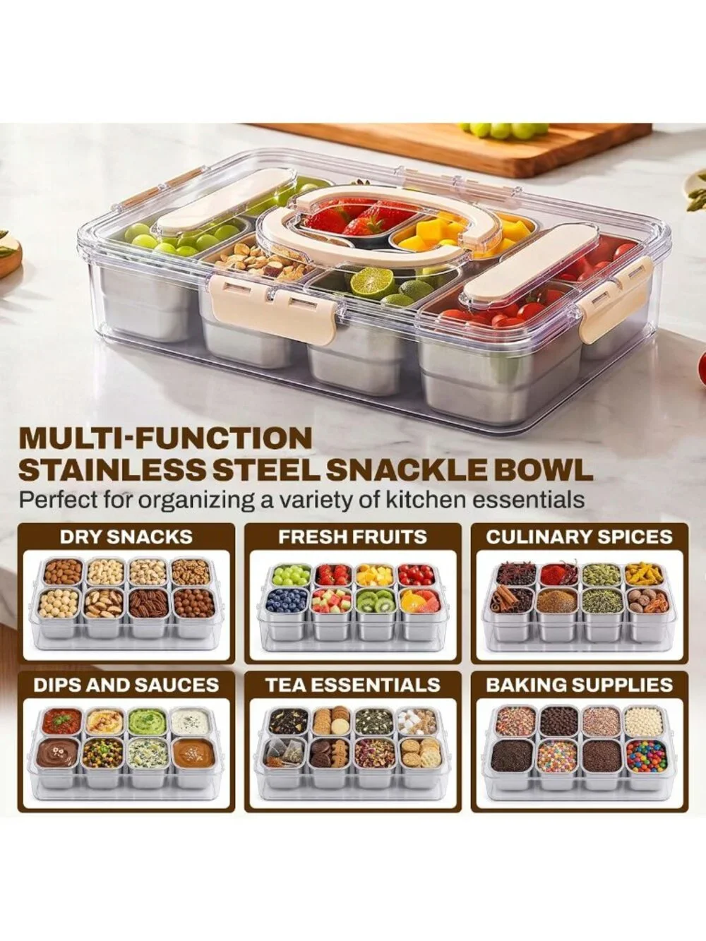 Stainless Steel Snack Organizer Box with Lid & Handle - 8 Compartment Tray for